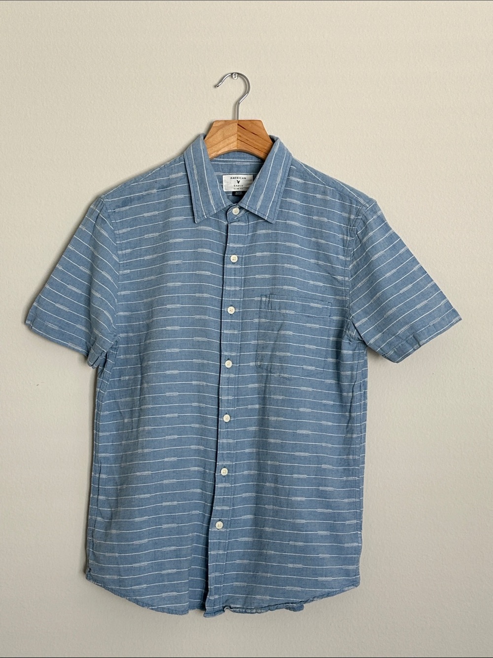 American Eagle Outfitters Light Blue Striped Short-Sleeve Button-Up Shirt